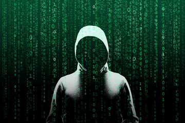 Anonymous computer hacker over abstract digital background. Obscured dark face in mask and hood....