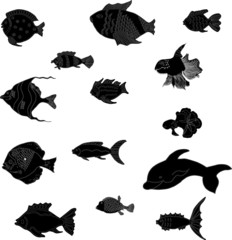 Set of fishes, isolated on white, collection of silhouettes, EPS 10. – Vector graphics