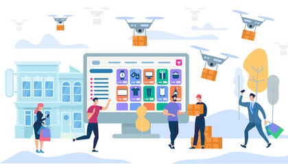 Fototapeta premium Express Delivery in City. Drones Carry Boxes.