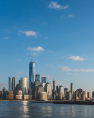 Skyline of downtown  Manhattan of New York City at dusk, viewed from New Jersey, USA