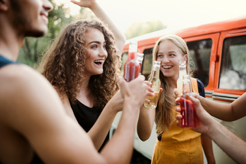 A group of friends standing outdoors on a roadtrip through countryside, clinking bottles.