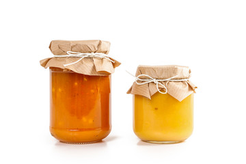 Colorful jams in glass jars