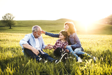 Senior couple with granddaughter outside in spring nature at sunset. - obrazy, fototapety, plakaty
