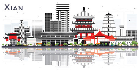 Xian China Skyline with Color Buildings and Reflections Isolated on White.