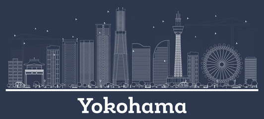 Outline Yokohama Japan City Skyline with White Buildings.