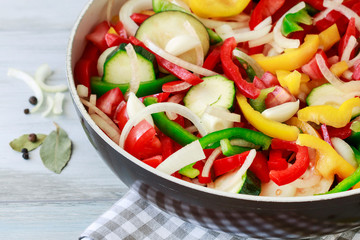 Mixed vegetables on frying pan.