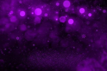 purple beautiful sparkling glitter lights defocused bokeh abstract background with falling snow flakes fly, holiday mockup texture with blank space for your content