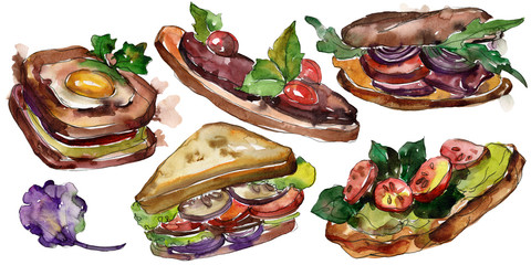 Sandwich in a watercolor style isolated. Watercolour fast food illustration element on white background.