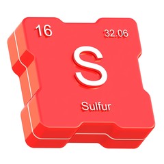 Sulfur element symbol from periodic table on futuristic red icon isolated on white background