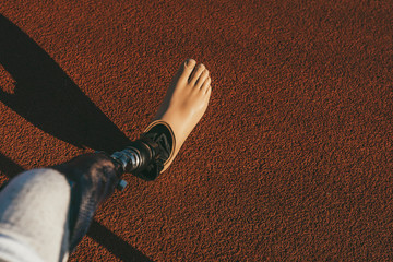 Closeup view of Disabled Athlete With Leg prosthesis