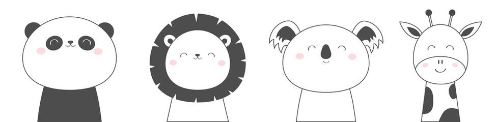 Koala Panda bear Lion Giraffe face head sketch line icon set. Kawaii animal. Cute cartoon character. Funny baby kids print. Love Greeting card. Flat design. White background. Isolated.