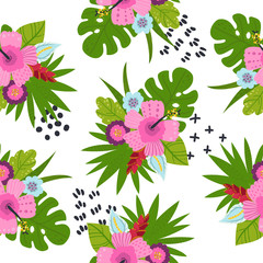 Seamless pattern with tropical leaves and flowers.