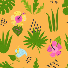 Seamless pattern with tropical leaves and flowers.