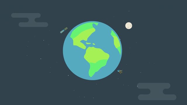Flat Earth Animation of graphic with moon and communication satellite on space background.Flat planet Earth icon spin.Loop earth animation design.2d Cartoon animation of world rotating with satellite 