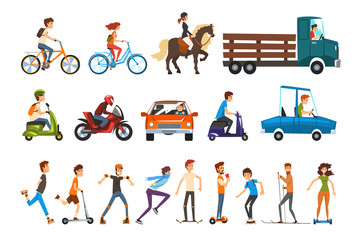 People on the street set, various vehicles cartoon vector Illustration on a white background