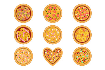 Flat vector set of tasty pizza with different ingredients. Delicious fast food. Traditional Italian dish