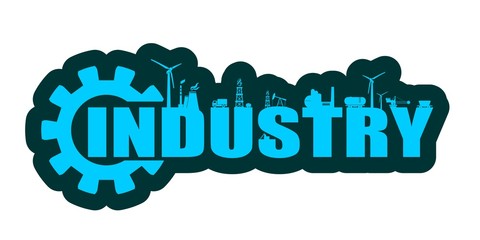 Energy and Power icons. Sustainable energy generation and heavy industry. Industry word decorated by gear
