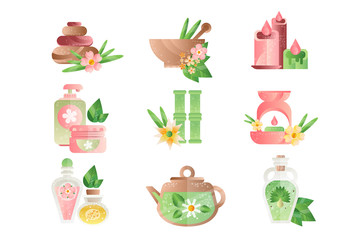 Spa treatment symbols set, basalt stones, aromatic oils, lotions, candles vector Illustrations on a white background