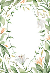 Fototapeta na wymiar Watercolor vector card of Lily flowers and green leaves.