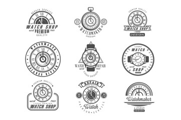 Obraz premium Watch shop and repair service logo set, retro badges with clocks in monochrome style vector Illustrations on a white background