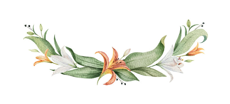 Watercolor vector wreath of orange Lily flowers and green leaves.