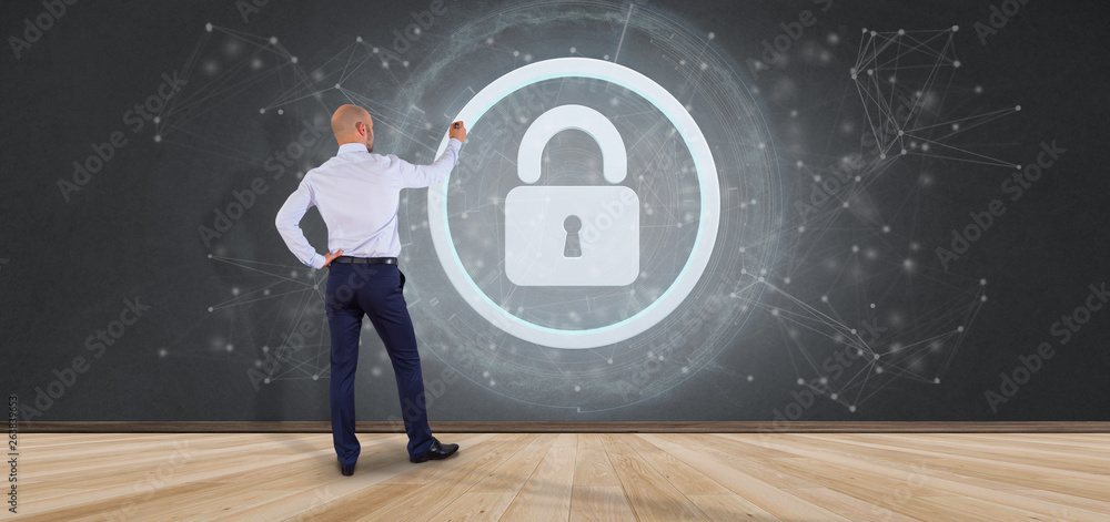 Poster man holding a shield web security concept 3d rendering