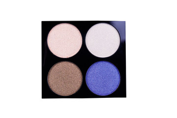 Set of four round eye shadow in a plastic black box isolated on white background