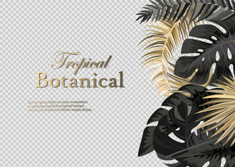 Fototapeta na wymiar Vector vertical wedding invitation cards set with black and gold tropical leaves on dark background. Luxury exotic botanical design for wedding ceremony. Can be used for cosmetics