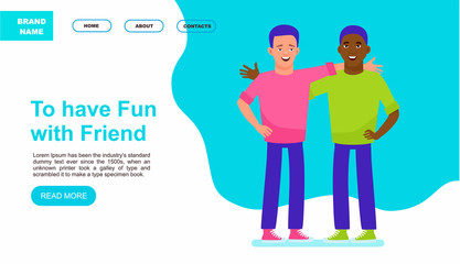 Happy meeting of two friends. Website or landing page. Multicultural friendship concept illustration. Vector illustration in a flat cartoon style