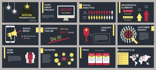 Yellow and red social media presentation template. Elements for slide presentations on a black background. Flyer, brochure, corporate report, marketing, advertising, annual report, banner