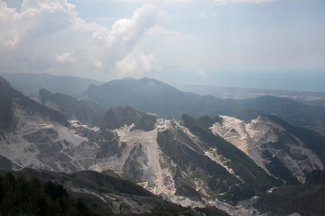 Carrara Marble Quarries from dramatic high angle Tuscany Italy