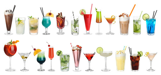 Set of different delicious cocktails on white background