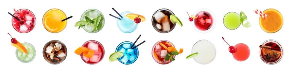 Foto op Plexiglas Set van verschillende heerlijke cocktails op witte achtergrond, bovenaanzicht © New Africa