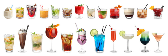 Set of different delicious cocktails on white background
