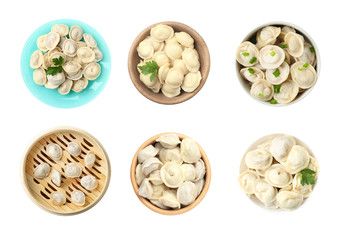 Set of delicious cooked dumplings on white background