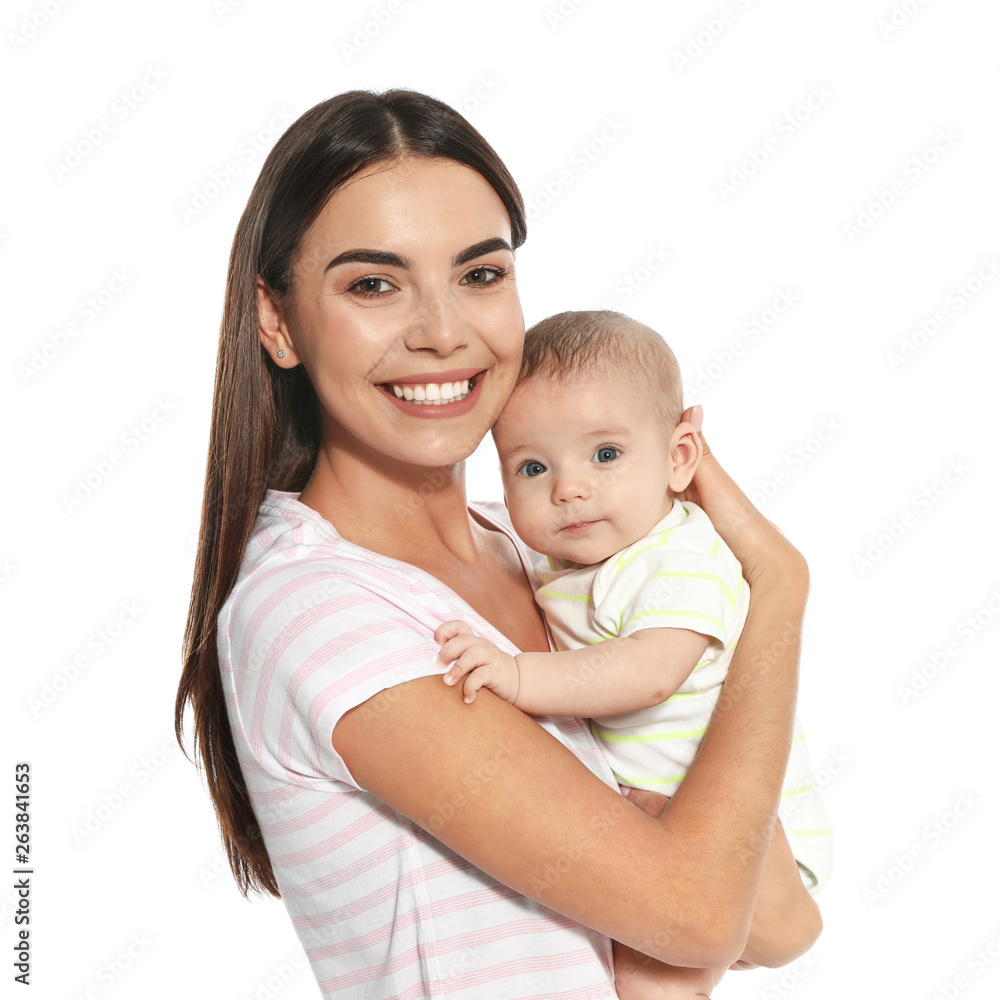 Poster Portrait of happy mother with her baby isolated on white