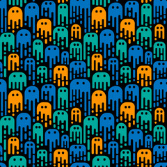 Cute cartoon ghosts on a black background. Vector seamless pattern. Use in the design of Halloween or for children's pattern.