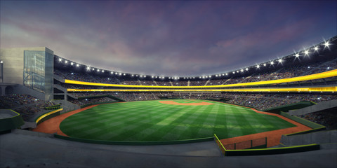 General view of illuminated baseball stadium and grass playground from the grandstand © LeArchitecto