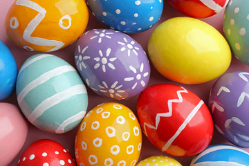 Many colorful painted Easter eggs as background, top view