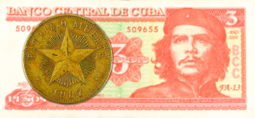 1 cuban peso coin against 3 cuban peso banknote
