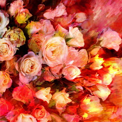 Floral background with stylized bouquet of roses on grunge striped dynamic backdrop in red,yellow,pink colors