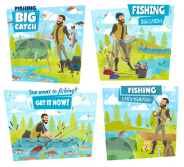 Fishing adventure, fisher catch lake or river fish