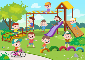 Plakat kids children playing playground vector illustration