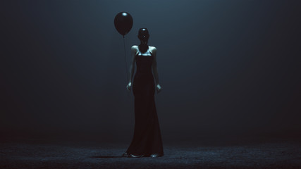 Futuristic Demon Woman With a Black Balloon In a Futuristic Haute Couture Dress and face Mask Abstract Demon Assassin Front View 3d illustration 3d render  - obrazy, fototapety, plakaty