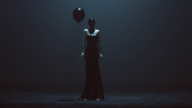 Futuristic Demon Woman With a Black Balloon In a Futuristic Haute Couture Dress and face Mask Abstract Demon Assassin Front View 3d illustration 3d render 