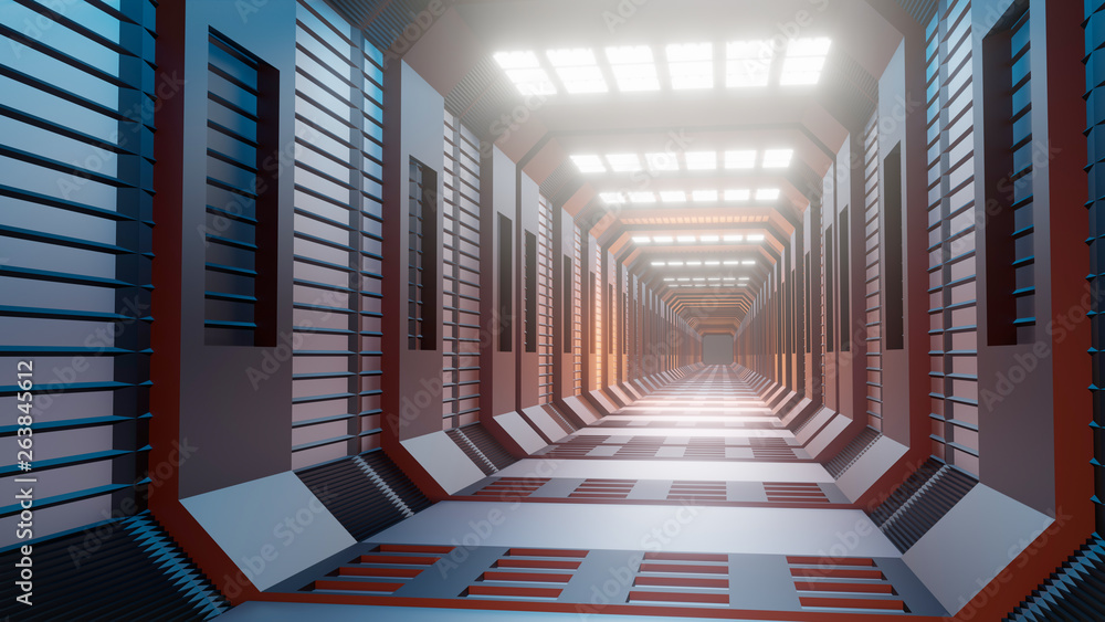 Poster 3d rendering. futuristic background architecture sci-fi corridor