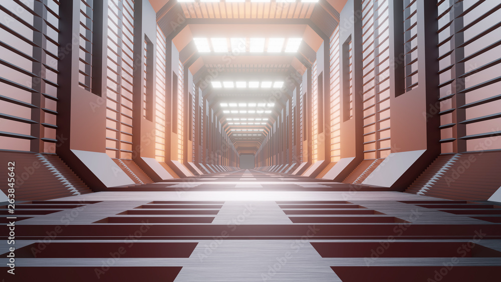Poster 3d rendering. futuristic background architecture sci-fi corridor