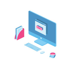 Monitor and massage Isometric 3d icon. Creative idea illustration.