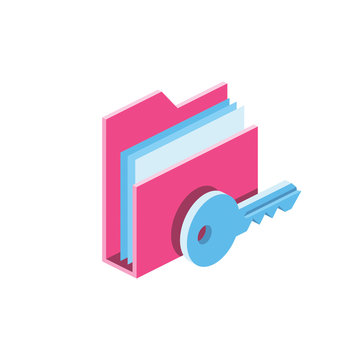 Key password access to the directory with secret information. Computer data protection. Creative idea illustration. Vector isometric 3d icon