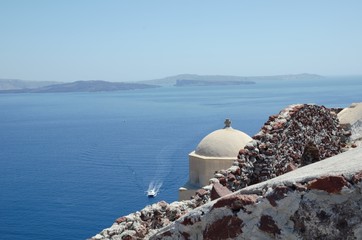 Beautiful view over the Mediterranean sea from a view point in Oia Santorini. 
